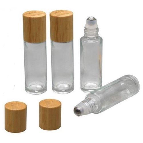 Roll-on aus Glas mit Metallkugel und Bambuskappe, klar, 10 ml